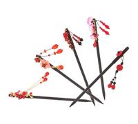 Gogogmee 5 Piezas Horquillas Chinas Vintage de Madera con Flores Rojas y Borlas Accesorios para Peinados con Moños Largos Pinzas para Cabello Lunar Year para Hanfu