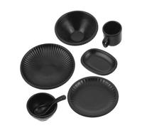 Gogogmee 7 Piezas Miniature Dollhouse Dinnerware Set Alloy Bowls Plates Mugs with Japanese Striped Design For Pretend Play DIY Kitchen Decoration