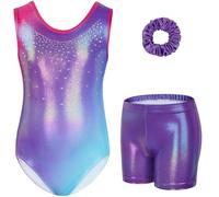 Gogokids - Conjunto de gimnasia de tres piezas para niñas, body sin mangas con pantalones cortos y cinta para el cabello, conjunto de leotardo de ballet y danza con destellos para niñas, body sin