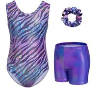 Gogokids - Conjunto de gimnasia de tres piezas para niñas, body sin mangas con pantalones cortos y cinta para el cabello, conjunto de leotardo de ballet y danza con destellos para niñas, body sin