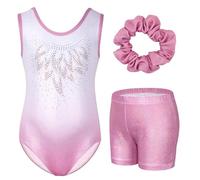 Gogokids - Conjunto de gimnasia de tres piezas para niñas, body sin mangas con pantalones cortos y cinta para el cabello, conjunto de leotardo de ballet y danza con destellos para niñas, body sin