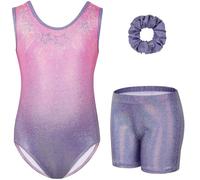 Gogokids - Conjunto de gimnasia de tres piezas para niñas, body sin mangas con pantalones cortos y cinta para el cabello, conjunto de leotardo de ballet y danza con destellos para niñas, body sin