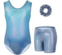 Gogokids - Conjunto de gimnasia de tres piezas para niñas, body sin mangas con pantalones cortos y cinta para el cabello, conjunto de leotardo de ballet y danza con destellos para niñas, body sin