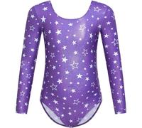 Gogokids Conjunto de gimnasia estampado de dos piezas para niñas, leotardo de manga larga con cuello en U y lazo para el pelo, perfecto para gimnasia, baile y yoga, para niños de 3 a 12 años, Morado