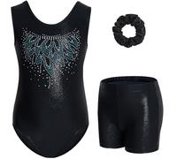 Gogokids, Conjunto de gimnasia para niña de tres piezas, body sin mangas, pantalones cortos y diadema, traje de ballet brillante, con diseño de colores degradados, de 3 a 12 años, Negro 1, 130(120-130