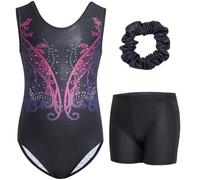 Gogokids Conjunto de maillot de gimnasia para niña, sin mangas, con pantalones cortos y corbata, con purpurina y pedrería, espalda cruzada, para niños de 3 a 12 años, Negro , 120(110-120 cm,6-7Y)