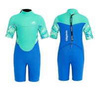 Gogokids Traje de Neopreno Corto para Niños, 2.5mm para Niños Pequeños, Trajes de Agua Cortos con Cremallera Trasera Calidez, Traje de Neopreno UV para Natación, Snorkel y Surf, 8-9 años Niños, Verde