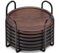GOH DODD - Posavasos de madera de nogal, 4 pulgadas, 6 piezas, juego de posavasos de madera con soporte, 100% natural y orgánico, mesa de centro para mesa de oficina en el hogar