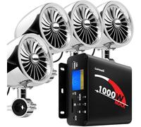 GoHawk TJ4-Q - Amplificador de 4 canales de 1000 W, rango completo, impermeable, Bluetooth, altavoces estéreo para motocicleta, sistema de audio, AUX, USB, SD, radio para manillar de 1 a 1.5 pulgadas,