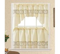 GOHD Daisy Dream. Juego de Cortinas de Cocina para Ventanas pequeñas, Tela de satén con Bordado de Margaritas de Color a Juego y Encaje. (Beige, Juego de Cortinas y Niveles de 61 cm)