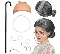 Gohytal Peluca de Abuela Gris, Accesorios para Disfraces de Vieja 8pzs Peluca de Vieja Accesorio para Disfraz de Abuela para Carnaval Mascarada Cosplay Carnaval