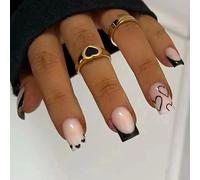 Goiern 24pcs French Tip Press on Nails Corto Cuadrado Fake Nails Corto Negro uñas acrílicas con diseño de corazones blancos se pegan a las uñas, pegamento artificial de alto brillo