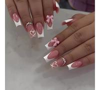 Goiern Uñas Postizas Francesas con Dijes - Uñas de Prensa Blancas, Largas, Cuadradas, Acrílicas con Corazón y Estrás - Sweet Loop Pegamento