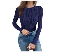 Going Out Tops for Women Long Sleeve Fall Shirts Crew Neck Solid Crop Tight Tops Ribbed Blouses Casual Clothing, marine, XXL