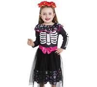 Gojoy shop-Disfraz de Catrina para Niños Halloween Canaval(Contiene:Vestido Bordada con Calavera Colorea Manga Larga con Esqueleto,Cinturon,Diadema y Mochila de Cuerdas.) (6-12 meses)