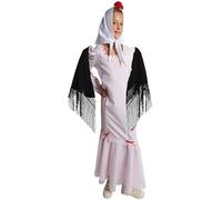 Gojoy shop - Disfraz de Chulapa Madrileña para Niñas, Contiene: Vestido, Mantón, Pañuelo, Clavel y Mochila de Cuerdas. (2 colores y 8 tallas diferentes.) (ROSA EXCELENCIA, 7-9 AÑOS)