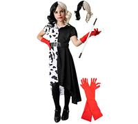 Gojoy shop-Disfraz de Cruella Deville para Niñas Halloween Carnaval(Contiene:Vestido Manga Corta,Guante Rojo,Pipa de Diamantes,Peluca y Mochila de Cuerdas.4 Tallas) (3-4 años)