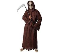 Gojoy shop- Disfraz de Muerte para Niños y Adultos Halloween Canaval(Contiene:Tunica Larga con Capucha,Cinturon,Mascara Horror,Guardana 100cm y Mochila de Cuerdas.) (10-12 años)