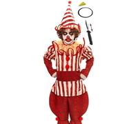Gojoy shop-Disfraz de Payasa Loca para Adultos y Niños Idea para Carnaval Halloween, (Contiene:Ropa,Pantalón,Cuello,Gorro,Cuchillo,Pintura Esponja y Mochila.) (masculino con camiseta, 5-6 años)
