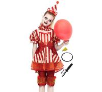 Gojoy shop-Disfraz de Payasa Loca para Adultos y Niños Idea para Carnaval Halloween, (Contiene:Ropa,Pantalón,Cuello,Gorro,Cuchillo,Pintura Esponja y Mochila.) (femenino con vestido, 7-9 años)