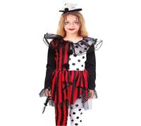 Gojoy shop- Disfraz de Payasa Negra para Niñas Halloween (Contiene:Vestido,Pantalón,Diadema,Cuello,Cuchillo de Broma y Mochila de Cuerdas.4 Tallas Diferentes) (3-4 años)