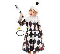 Gojoy shop-Disfraz de Payaso Pierrot para Adultos y Niños Idea para Halloween Carnaval, (Contiene:Gorro,Cuello,Mono,Cuchillo,Pintura Esponja y Mochila de Cuerdas.) (femenino con vestido, 10-12 años)