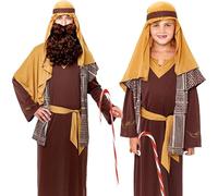 Gojoy shop-Disfraz de San Jose Pastor para Niños y Hombres Navidad Carnaval(Contien:Chal,Cinta,Chaleco,Túnica,Cinturón,Bastoncito de Caramelo y Mochila de Cuerdas.) (3-4 años)