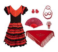 Gojoy shop - Disfraz de sevillana flamenco para niña, contiene: vestido, mantón y accesorios. (3 colores y 5 tallas diferentes.) (NEGRO, 8)