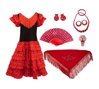 Gojoy shop - Disfraz de sevillana flamenco para niña, contiene: vestido, mantón y accesorios. (3 colores y 5 tallas diferentes.) (ROJO, 12)