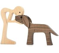 Gokame Handmade Wooden Statue, Family Puppy Cat Wooden Carving Ornaments, Natural Solid Wood Cute Puppy - Kitty and People Crafts Statue Sculpture Ornament Home Decor (Man and Dog)