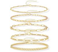 Gokeey 14k Gold Plated Ankle Bracelets for Women Layered Anklet Set Waterproof Paperclip Satellite Mirror Figaro Cuban Chain Beach Anklet Bracelet Jewelry Gifts Adjustable Size