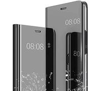 GOKEN Clear Smart View Funda para Samsung Galaxy A04s / A13 5G, Carcasa de Cuero Espejo, Elegante Mirror Plating Flip Folio Cover Case con Soporte Plegable - Negro