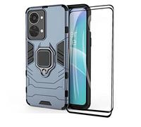 GOKEN Funda para OnePlus Nord 2T 5G y 2 Cristal Templado, PC + TPU Silicona Tough Armor Protección Carcasa, Robusta Antigolpes Estuche con 360° Magnético Anillo Kickstand, Azul