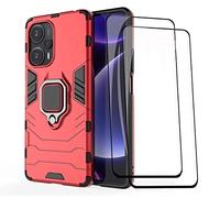 GOKEN Funda para Xiaomi Poco F5 y 2 Cristal Templado, PC + TPU Silicona Tough Armor Protección Carcasa, Robusta Antigolpes Estuche con 360° Magnético Anillo Kickstand, Rojo