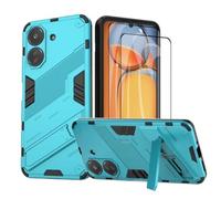 GOKEN Funda para Xiaomi Redmi 13C / Poco C65 y 2 Piezas Cristal Templado, PC + TPU Silicona Tough Armor Protección Carcasa, Robusta Antigolpes Estuche con Soporte Vertical y Horizontal, Azul