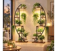 GOKHOMX Pack 2 Soportes Plantas con Luz, Estantería para Plantas 160 cm | Estante para Plantas de Metal y Madera, 6 Niveles, Luz de Cultivo, 3 Temporizadores, 10 Niveles de Brillo, Marrón y Negro