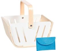 goki 51428 MiniShopper - Cesta de la compra de madera con asa plegable y monedero de fieltro - Accesorios para tienda y cocina de juguete