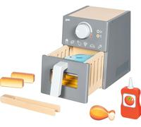 Goki Airfryer juguete 51430 – Freidora de aire de madera, juego 16 piezas con pinzas de madera