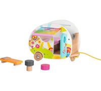 goki 51431 - Caravana Camperfreude - Colorida goki66 remolque de madera para minimuñecas flexibles, incluye tumbona, mesa, asiento y toldo