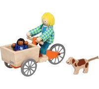 goki 51462 Bicicleta de Carga con 2 muñecas de flexión y Perro de Madera y Textil, Figuras de Madera sostenibles, muñecas de Madera para niños, móviles y Resistentes, Juguete Creativo para niños,