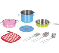 goki 51467 Colorido Juego de Cocina de Metal niños, Incluye ollas, Tapas, agarraderas y Utensilios de Cocina, Juego de 9 Unidades, a Partir de 3 años