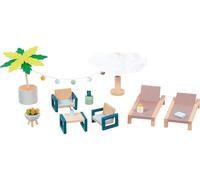 goki 51476 Mallorca - Juego de Muebles de Exterior de Madera, complemento casa de muñecas, promueve la Creatividad de los pequeños Padres de muñecas, Juego de 17 Unidades, a Partir