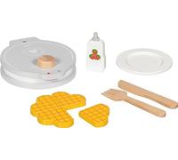goki 51532 Gofrera de madera con accesorios - Juego de 9 piezas para cocina infantil y tienda de compra con gofres, jarabe y vajilla para cocina de muñecas