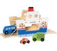goki 53766 - Transbordador de madera para coche con luces de carga de manivela y 3 vehículos de juguete con coches, juego de puerto para coches