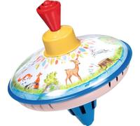 goki 53780 - Peonza en el Claro de Chapa, Colorido peonza aporta alegría y diversión a la habitación de los niños, peonza clásica con Soporte y Motivos de Animales, 14 cm de Alto, a Partir de 1 año