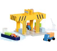 goki 55826 - Grúa portuaria de madera con contenedor, buque de carga y vehículos, grúa puente con manivela y elevador magnético, juego de juguetes para puerto de contenedores