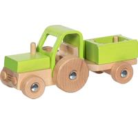 goki 55838 - Tractor con remolque, vehículo deslizante de madera con remolque desmontable, juguete de granja resistente para niños a partir de 2 años
