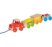 goki 55841 - Tren de carga GK-Rail - Gran tren de madera con locomotora, 3 vagones y carga, carga y arrastre, aprox. 55 cm de largo