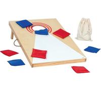 goki 56329 - Juego Cornhole de madera y algodón, juego familiar móvil con 8 sacos en 2 colores, pies plegables y bolsa de transporte, para interior y exterior, juego de 10 unidades, a partir de 5 años