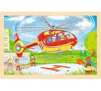 goki 57301 - Puzzle de madera con diseño de helicóptero/bombero, 24 piezas, con impresión en ambos lados, para divertirse en el rompecabezas doble, 30 x 20 cm